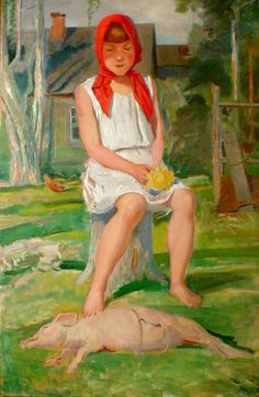 Anatoly V. Treskin : A Girl with a Piglet. 1930s Девочка с поросенком. 1930е Social Realism, Pig Drawing, Pet People, Russian Painting, Gallery Art, Painting Illustration, Painting Art, A Girl, Art Photography