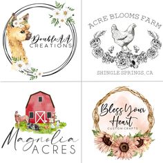 four different logos for farm animals, flowers and other things that are on the label