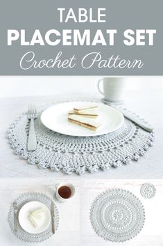 crochet placemat set on a table with plates and cups