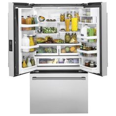 an open refrigerator with its door wide open and full of food items inside, on a white background