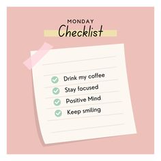 a piece of paper with the words monday checklist on it and a pink background