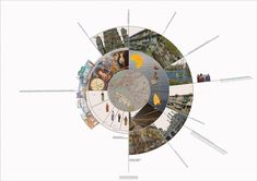 a collage of different images with people walking around the center and buildings in the background