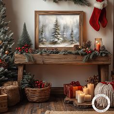 a christmas mantle with candles, stockings and other holiday decorations on it in front of a painting