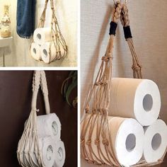 three pictures of different types of toilet paper hanging from the wall and in various ways