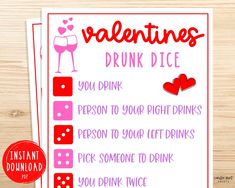 valentine's day printable drink list with red and pink dices on it