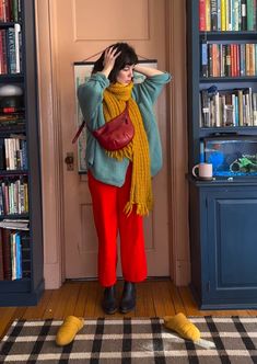 Outfit Inspo 2024 Winter, Bright Color Sweater Outfit, Artsy Colorful Outfits, Burnt Orange Turtleneck Outfit, Artsy Formal Outfit, How To Wear Orange, Gen Z Corporate Fashion, Bright Color Fall Outfits