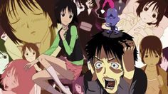 an anime character surrounded by many other characters and their faces in different poses, with one person holding his head up to the side