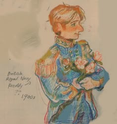 a drawing of a boy in uniform holding flowers