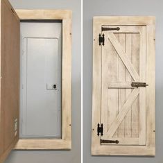 an open wooden door is shown in two different angles