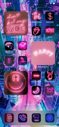 an iphone screen with neon lights on it