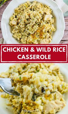 chicken and wild rice casserole in a white bowl