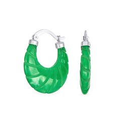 The Chinese valued carved Jade for its hardness, durability, and moral beauty. Jade symbolized human virtues. Jade was prized for its durability, musical qualities, translucent colors, and protective powers. Our Jade hoop earrings are stunning examples of carved Jade. These gemstone earrings have remarkable luster and showcase the stone's hues beautifully. Green hoop earrings make wonderful gifts for women with pierced ears, especially those with green eyes or who love green. Order a pair today. Mens Engraved Necklace, Green Hoop Earrings, Bead Stopper, Snowflake Jewelry, December Birthstone Jewelry, Bamboo Hoop Earrings, Engraved Earrings, Carved Jade, School Jewelry