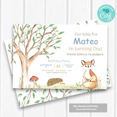 an animal themed birthday party is set up on a white background with the words, our little fox mateo is turning one