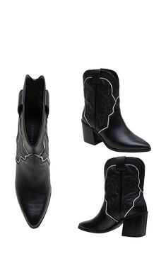 Contrast trim highlights the iconic Western design of a block-heel bootie shaped from rich leather. 3" heel 5 1/4" shaft Slip-resistant sole Leather upper/textile lining/rubber sole Imported Western Black Boots With Block Heel, Western Black Heeled Boots With Block Heel, Black Western Boots With Block Heel, Western Style Black Heeled Boots With Block Heel, Black Boots With Reinforced Block Heel, Black Mid-calf Boots With Block Reinforced Heel, Western Booties, Western Design, Contrast Trim