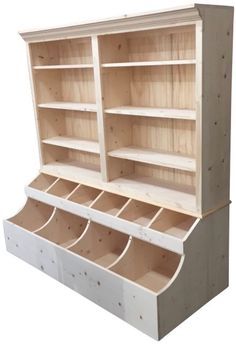 an empty wooden bookcase with several compartments