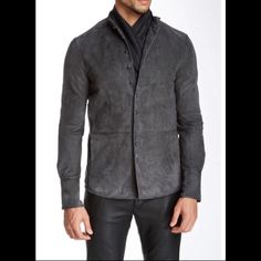 John Varvatos Collection Goat Suede Multibutton Shirt Jacket. Msrp $2298 Size Eu 50 Usa 40 Color Grey Condition. Brand New With Out Tags Attached. Long Sleeve Blazer With Covered Buttons For Fall, Classic Outerwear With Snap Buttons And Spread Collar, Long-sleeved Business Outerwear With Buttons, Collared Blazer With Buttons For Business Casual, Designer Collared Outerwear With Snap Buttons, Luxury Button-up Fall Outerwear, Fitted Luxury Outerwear With Snap Buttons, Luxury Fitted Outerwear With Snap Buttons, Semi-formal Fitted Collared Outerwear