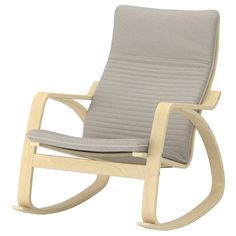 the rocking chair is made from wood and has grey fabric on it's back