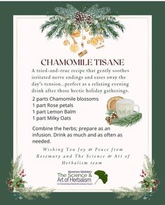 the chamomile tisane recipe is shown with pine cones and holly wreaths