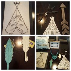 four different pictures of decorative items made from wood and paper, including an ornament