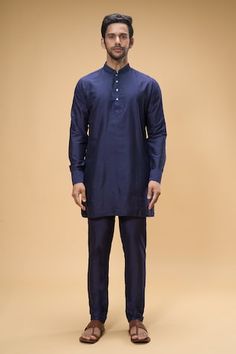 Midnight blue sleeveless bundi crafted in cotton silk with all over gulbahar embroidery. Paired with a solid kurta and pant. - Aza Fashions Blue Cotton Bandhgala Straight Kurta, Blue Cotton Bandhgala For Eid, Blue Cotton Nehru Jacket For Festive Occasions, Festive Blue Cotton Nehru Jacket, Blue Bandhgala, Kurta Cotton, Rohit Bal, Nehru Jackets, Silk Embroidery