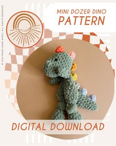 a small crocheted dinosaur with flowers on it's head is shown in front of an orange and white checkered background