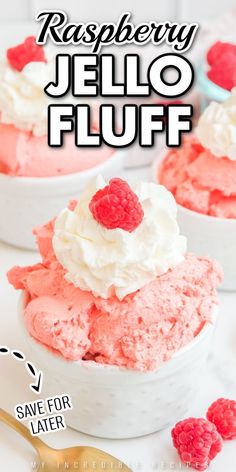 raspberry jello fluff in small white bowls