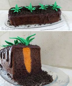 two pictures of a cake with chocolate frosting and an orange carrot on the top