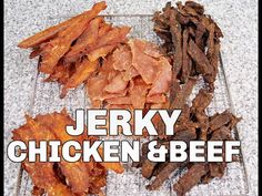 there are several different types of meats on the grill and text overlay reads jerry chicken & beef