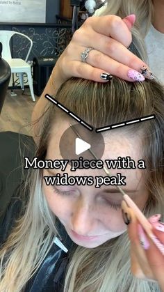 Shoulder Length Hair Widows Peak, Short Hair Styles Widows Peak Women, Curly Hair With Widows Peak, Hair Styles With Money Piece, Money Bangs Hair Blonde, Money Piece In Black Hair, Money Pieces Side Part, Widow’s Peak Haircut Women, Style Widows Peak Hair