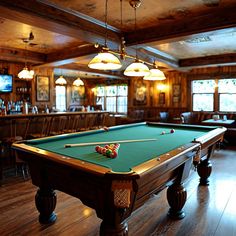 a pool table in the middle of a room with several lights hanging from the ceiling