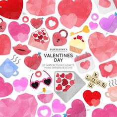 valentine's day watercolor cliparts with hearts, cupcakes and other items