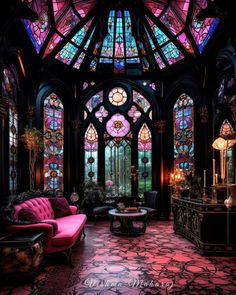 a living room filled with furniture and stained glass windows