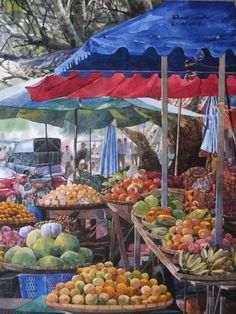 an oil painting of fruits and vegetables for sale in a market place with umbrellas