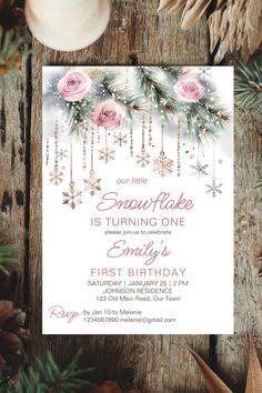 Little snowflake winter wonderland birthday party editable template invitation digital download Snowflake First Birthday, 1st Birthday Girl Winter Theme, First Birthday Girl January, Winteroneder Land Theme Party Girl, January First Birthday Girl, December First Birthday Girl, Winter 1st Birthday Party Girl