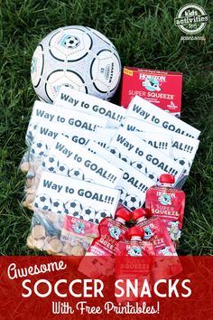 soccer snacks with free printables for the goalie's snack box on grass