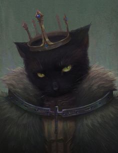 a black cat with a crown on top of it's head, wearing a fur coat