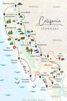 the california itinerary route map with all its major cities, towns and lakes