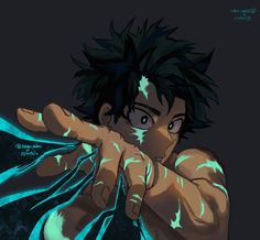 an anime character holding his hands out to the side with glowing green paint on it