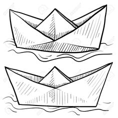 two paper boats floating in the water, one is drawn by hand and the other is drawn