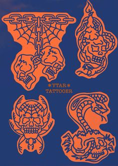 an orange and blue poster with three skulls on it's sides, one in the middle