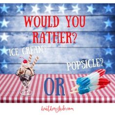 an ice cream sundae on a red and white checkered tablecloth with the words would you rather rather rather have ice cream