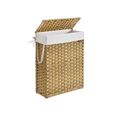 a woven basket with a white lid and handles on the bottom, in front of a white background