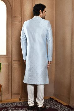 Blue sherwani with all over floral pattern and resham highlights. Paired with a off white churidar. - Aza Fashions Off White Churidar, White Churidar, Blue Sherwani, Churidar, Full Sleeves, Pocket Square, Aza Fashion, Full Sleeve, Pure Silk