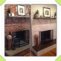 two pictures of a fireplace with brick and wood