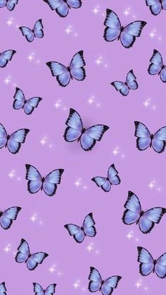 a purple background with blue butterflies flying in the air and sparkling stars on it's sides