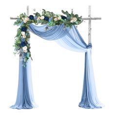 an arch decorated with blue and white flowers is shown in this image on a white background