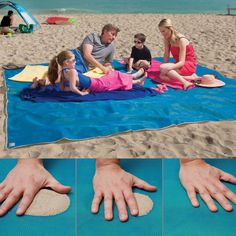 three people are sitting on a beach towel with their hands in the sand and one person is