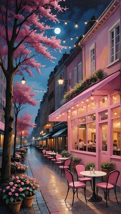 a painting of a street with tables and chairs on the sidewalk, pink trees in bloom