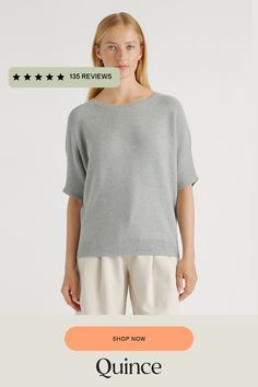 Sweaters  | Quince | Women's Lightweight Cotton Cashmere Link-Stitch Dolman Sweater in Heather Grey, Size XL, Organic Cotton Silk Pajamas Shorts, Dolman Sweater, Boyfriend Cardigan, Dolman Sleeve Sweater, Silk Pajamas, Pajama Shorts, Dolman Sleeve, Quince, Effortless Style