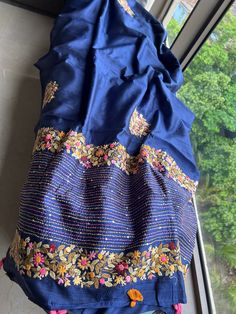 Munga silk . Hand embroidered French knot saree wid blouse piece . Blue Sarees, Royal Blue Saree, Blue Saree, French Knot, Blouse Piece, Hand Embroidered, Royal Blue, Knot, Saree